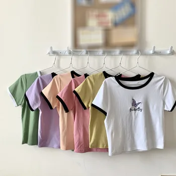 Letné Tričko kórejský Štýl, Vyšívané Butterfly tričko Fashion Wild Slim O Krk Krátke Rukáv Top