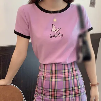 Letné Tričko kórejský Štýl, Vyšívané Butterfly tričko Fashion Wild Slim O Krk Krátke Rukáv Top