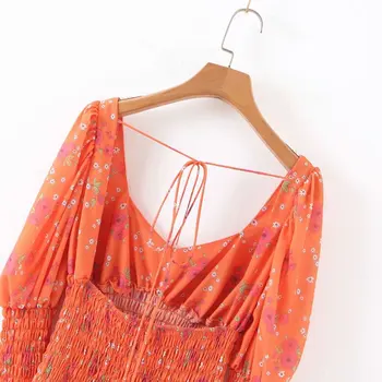 Letné vintage kvetinový pláži orange šaty mini ruched backless prehrabať vestidos elegantné bežné dizajnér šifón šaty retro