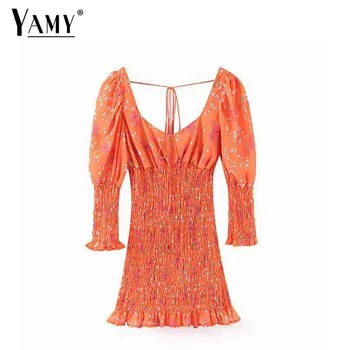 Letné vintage kvetinový pláži orange šaty mini ruched backless prehrabať vestidos elegantné bežné dizajnér šifón šaty retro