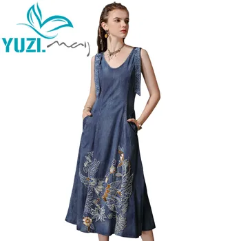 Letné Šaty 2019 Yuzi.môže Boho Nové Denim Ženy Šaty O-Krku bez Rukávov Vintage Výšivky Swing Lem Sundress A82169 Vestidos