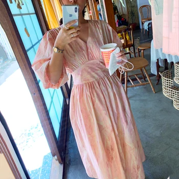 Letné šaty 2020 kórejské oblečenie móda vintage vykresľovanie tlač tvaru svietidla rukáv bežné bavlnené dlhé ružové šaty ženy