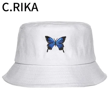 Letné Ženy Blue Butterfly Výšivky Vedierko Hat Bob Skladacia Biele Slnko Klobúk Rybár Klobúk Módne Hip Hop Rybárske Spp Panama