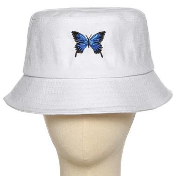Letné Ženy Blue Butterfly Výšivky Vedierko Hat Bob Skladacia Biele Slnko Klobúk Rybár Klobúk Módne Hip Hop Rybárske Spp Panama