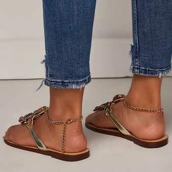 Letné Ženy, Luxusné Sandále Na Platforme Ploché Päty Farebné Crystal Členok Popruh Módne Bežné Pláži Dámy Topánky Zapatos De Mujer