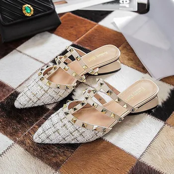 Letné Ženy Námestie päty Papuče Pošmyknúť Na Tkaných Značky Dizajnéri Novej 2020 Módne Luxusné Nit T-popruh Listov Pošmyknúť Na Sandále