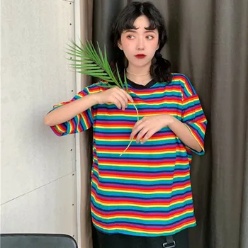 Letné Ženy Rainbow Pruhované Tričko Top T-shirt Príležitostné O Krk Krátke Rukáv Tričko
