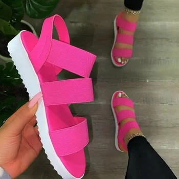 Letné Ženy Úsek Sandále Na Platforme Kliny Nízke Elastické Náklon Popruh Candy Farby Vonkajšie Pláži Bežné Voľnočasové Topánky Dámske 2021