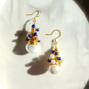 LiiJi Jedinečný Sladkovodné Perly Baroková Perla Modrá Lapis Lazuli Visieť Náušnice Zlaté Vyplnené Luxusné, Ručne Vyrábané Šperky