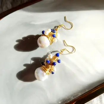 LiiJi Jedinečný Sladkovodné Perly Baroková Perla Modrá Lapis Lazuli Visieť Náušnice Zlaté Vyplnené Luxusné, Ručne Vyrábané Šperky