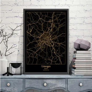 Limoges Vo Francúzsku Black&Gold Mesto Svetlo Vlastné Mapy Sveta Mapa Mesta Plagáty Plátno, Vytlačí Nordic Štýl Wall Art Domova
