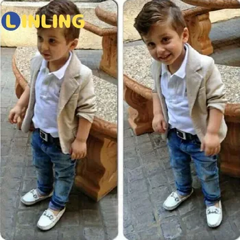 LINLING Detí Sady Európske a Americké Módne Chlapca Khaki Kabát + Biele tričko + Tmavo Modré Džínsy 3-dielny Oblek L591
