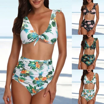 LOOZYKIT Žien Kvetinový Tlač Dvoch-dielny Ruched Vysoký Pás Bikín Kravatu Prednej Plavky Plus Veľkosť 2XL Beachwears Biniqui Mujer
