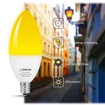 Luster LED Candelabra Žiarovky E12 Lampa Repelent proti komárom 60 Watt Ekvivalent 6W Stropný Ventilátor Žltá 2000K 550Lumens 4Pack