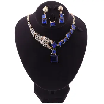 Luxusná Zlatá Farba Blue Crystal Leopard Vyhlásenie Náhrdelníky Náušnice Krúžok Pre Ženy Strany Svadobné Šperky Sady