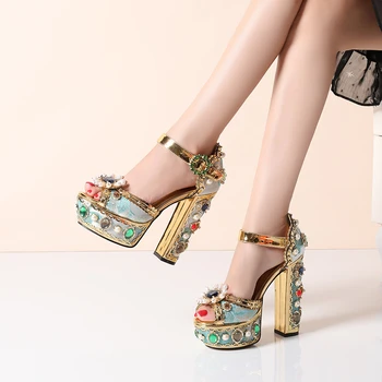 Luxusné Crystal Drahokamy Robustný Päty Sandále Ženy Výšivky Platformu Podpätky Drahokamu Pearl Dekor Svadobné Topánky Fáze Sandále