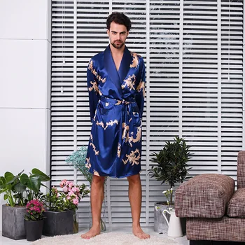 Luxusné Hodvábne Saténové Pyžamo Mužov Kimono Vyhovovali Lete Dragon Župan Sady Dvoch-dielny župane + Šortky Sleepwear Plus Veľkosť 5XL