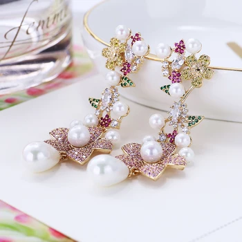 Luxusné Kvetinové Pearl Náušnice Kvapka pre Ženy Lady Party alebo Svadby Šperky Farebné AAA Zirconia Ródium Pozlátené Náušnice Hot