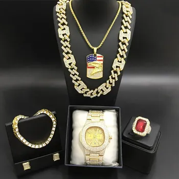 Luxusné Mužov Zlatá Farba Watch & Neckalce & Braclete & Krúžok & Náušnice Kombinovaný Set Ľadu Z Kubánskej Hip Hop V Krištáľovo Neckalce Pre Mužov