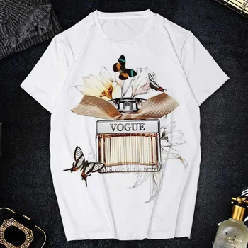 Luxusné Móde Parfum Váza Biele Print T Shirt Ženy, Nové Letné Krátky Rukáv Lady Topy Tričko Dámske Grafické Žena T-Shirt