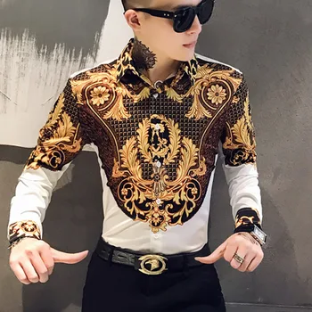Luxusné Zlaté Tlač Tričko Mužov Royal Retro Dlhý Rukáv Košele Strany Nočný Klub Smoking Ležérne Košele Slim Fit Streetwear Blúzka Homme