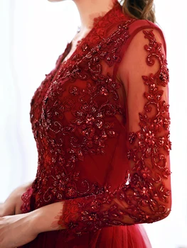 Luxusné Červené Víno s Dlhým Rukávom Prom Šaty 2020 tvaru A-line Podlahy-dĺžka Korálkové Čipky Evevning Plášte Sexy Backless Slávnostné Šaty