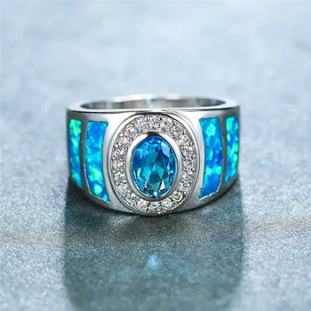 Luxusné Žena Aqua Modrá Opal Kamenný Kruh Ročníka, Strieborná Farba Snubné Prstene Pre Ženy Jednoduché Oválne, Veľké Zásnubný Prsteň