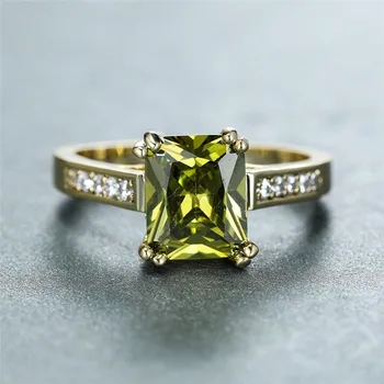 Luxusné Žena Olive Green Crystal Krúžok Kúzlo Zlatá Farba Tenké Snubné Prstene Pre Ženy Vintage Štvorcový Zirkón Kameň Zásnubný Prsteň
