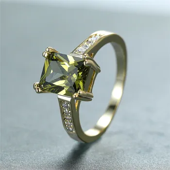 Luxusné Žena Olive Green Crystal Krúžok Kúzlo Zlatá Farba Tenké Snubné Prstene Pre Ženy Vintage Štvorcový Zirkón Kameň Zásnubný Prsteň