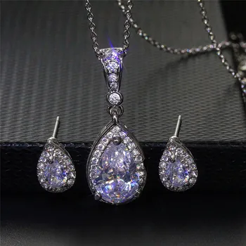 Luxusné Žena White Crystal Šperky Set Kúzlo Strieborná Farba Stud Náušnice Pre Ženy Elegantná Geometrie Zirkón Svadobné Reťazca Náhrdelník