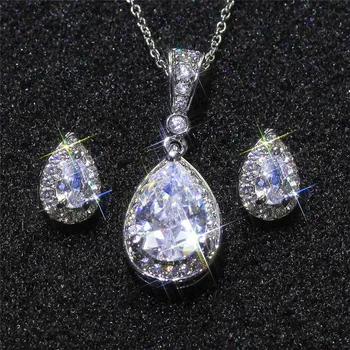 Luxusné Žena White Crystal Šperky Set Kúzlo Strieborná Farba Stud Náušnice Pre Ženy Elegantná Geometrie Zirkón Svadobné Reťazca Náhrdelník