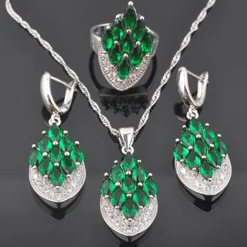 Luxusné Ženy Zeleným Zirkónom Šperky Sady Pre Ženy, Strieborná Farba Svadobné Šperky, Náušnice, Náhrdelník Prívesok Krúžky QZ0589
