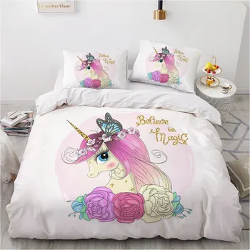Luxusný 3D White posteľná bielizeň Nastaviť Cumlík Deka Pokrytie Celej Kráľ, Kráľovná Dvojité Jednu Veľkosť Jednorožec Cartoon Dizajn Vlastné Obliečky