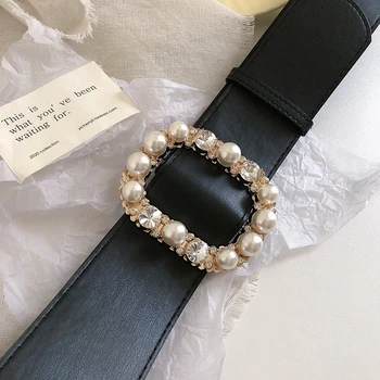 Luxusný Pearl drahokamu pásy pre ženy široké čierne mäkké umelú kožený opasok pre kabát šaty girl party zdobiť doplnky, darčeky