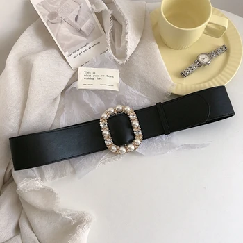 Luxusný Pearl drahokamu pásy pre ženy široké čierne mäkké umelú kožený opasok pre kabát šaty girl party zdobiť doplnky, darčeky