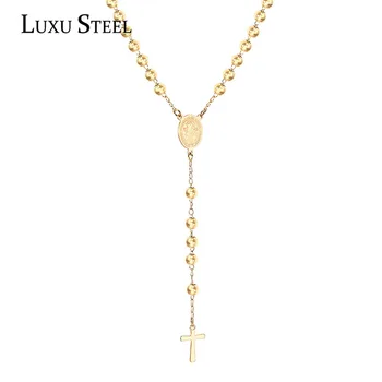 LUXUSTEEL Korálkové Kríž Náhrdelník z Nerezovej Ocele, Dĺžka 52 cm+7 cm Ruženec Kresťanskej Katolíckej Náboženskej Šperky dlhý náhrdelník ženy