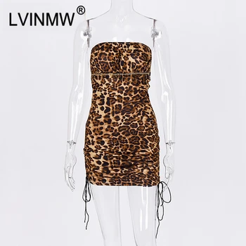 LVINMW Sexy Leopard Tlač Lomka Krku Strane Šnúrkou Bodycon Ženské Šaty Off Ramenný Backless Mini Šaty Party Club 2019 Nové