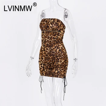 LVINMW Sexy Leopard Tlač Lomka Krku Strane Šnúrkou Bodycon Ženské Šaty Off Ramenný Backless Mini Šaty Party Club 2019 Nové