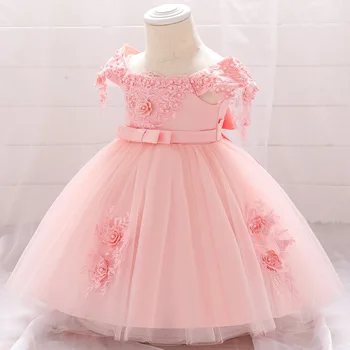 LZH 2021 Nové Kojenecká Dievčatá Oblečenie Pearl Nášivka Krst Šaty Novorodenca bez Rukávov Čipky Bowknot Princess Party Šaty 1-3 Rokov