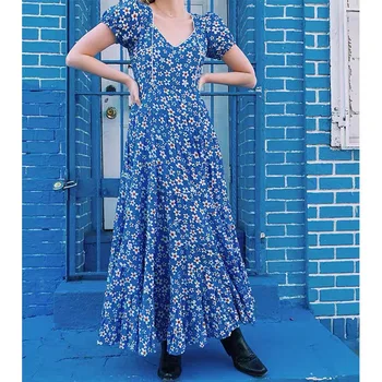 Lístkového Rukáv Ženy Maxi Šaty Modrej Kvetinový Tlač tvaru Ženského Bežné Dlhé Šaty