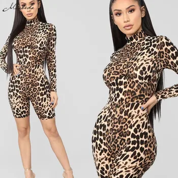 Macheda Ženy Jeseň Bežné Leopard Tlač Playsuits Dlhý Rukáv Turtleneck Slim Lady Streetwear Krátke Remienky 2019 Nové