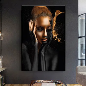Maliarske plátno Africké Umenie Žena Black Gold Nahé na Cuadros Plagáty a Vytlačí na Stenu Obrázok pre Obývacia Izba Domova