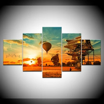 Maliarske plátno teplovzdušný balón letí na oblohe 5 Kusov Múr Umenia Maľby Modulárny Tapety, Plagát, Tlač Domova