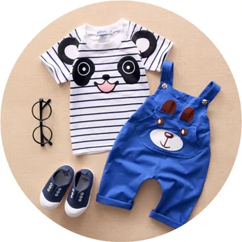Maloobchod detské Oblečenie Panda Vzor T-shirt & Trakmi Chlapca Nastaviť Letné Baby Boy 2 Ks Súpravy LKC114