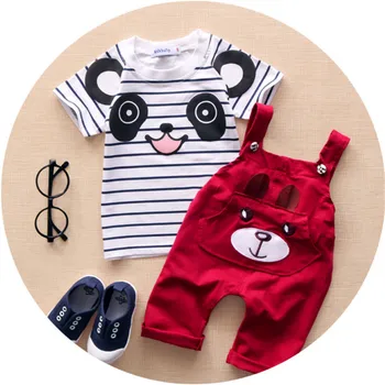 Maloobchod detské Oblečenie Panda Vzor T-shirt & Trakmi Chlapca Nastaviť Letné Baby Boy 2 Ks Súpravy LKC114