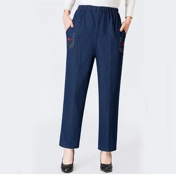 Mama Jeans Modrá Voľné Vysoký Pás Džínsy 2019 Nové Jarné kórejský Výšivky Vrecká Mid-vo veku Ženy Rovné Džínsy Elegantné Oblečenie JD47