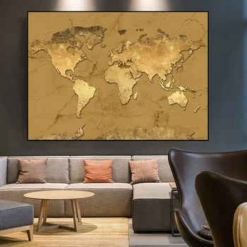 Mapa Sveta Moderných Zlatých Umelecké Plátno Obrazy Sveta, Mapy, Plagáty a Vytlačí na Stenu Obrázok Modulárny Cuadros Domov Štúdia Dekor