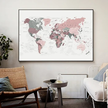 Mapa sveta Plagát, Tlač Ružovej Farby Steny Umelecké Plátno obrazu Veľký Veľkosť Stenu Obrázok pre Obývacia Izba Domova Cuadros Č Rám