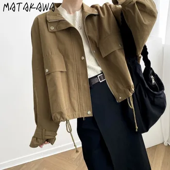 MATAKAWA Streetwear 2020 Jeseň Bežné Ženy Móda Výkopu kórejský Štýl Nadrozmerná Voľné Krátke Windbreaker Malé Kabát Ženy