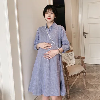 Materská Šaty Letné 2021 Módne Voľné Zase dole golier Pruhované Tričko Šiat pre Tehotné Ženy, Polovičný Rukáv Tehotenstva Šaty